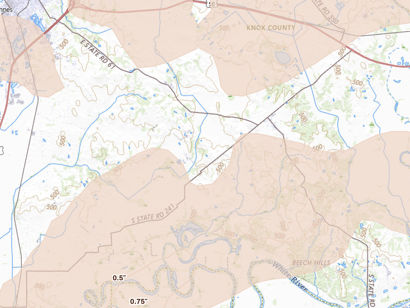 Radar-estimated hail-size map of the storm over Vincennes, IN on Apr 27, 2026