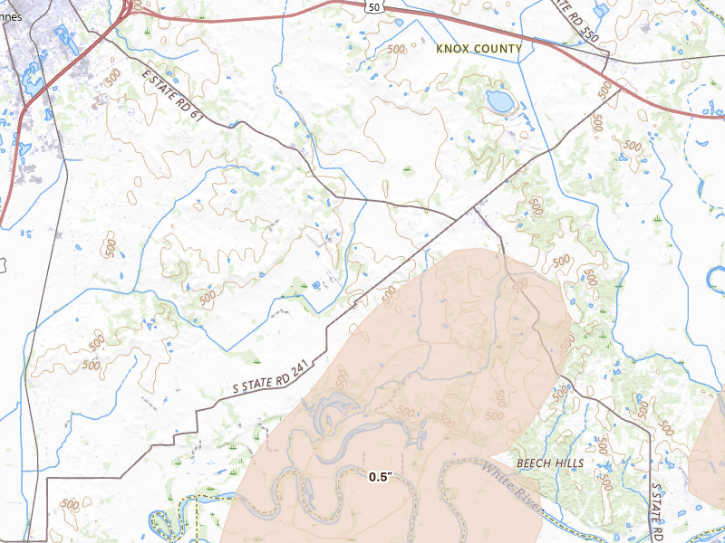 Radar-estimated hail-size map of the storm over Vincennes, IN on May 16, 2026