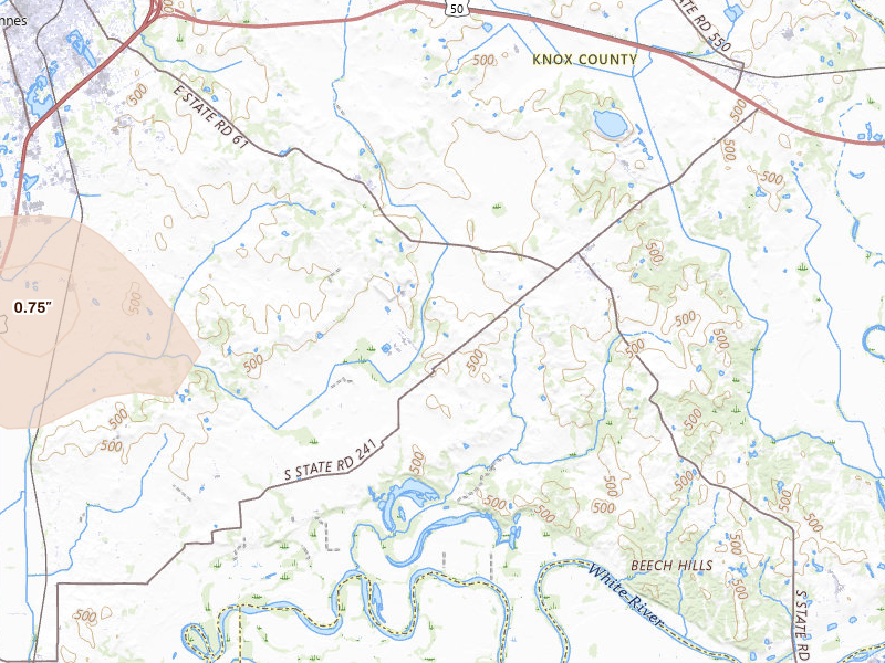 Radar-estimated hail-size map of the storm over Vincennes, IN on Jul 18, 2026