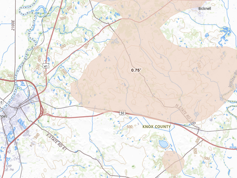 Radar-estimated hail-size map of the storm over Vincennes, IN on Aug 12, 2026
