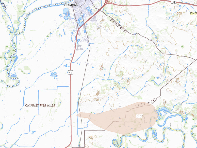 Radar-estimated hail-size map of the storm over Vincennes, IN on Aug 26, 2026