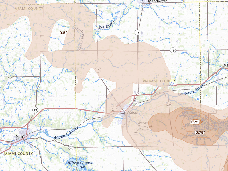 Radar-estimated hail-size map of the storm over Wabash, IN on Mar 26, 2026