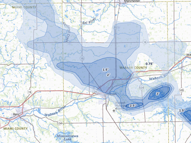 NEXRAD radar-signature map of the hail over Wabash, IN