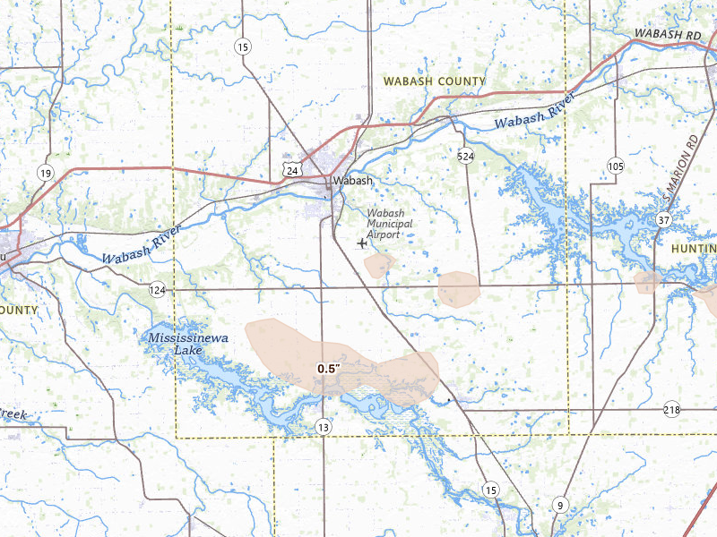 Radar-estimated hail-size map of the storm over Wabash, IN on Aug 9, 2026