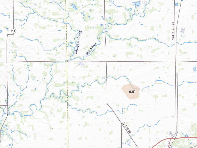 Radar-estimated hail-size map of the storm over Wabash, IN on Aug 26, 2026