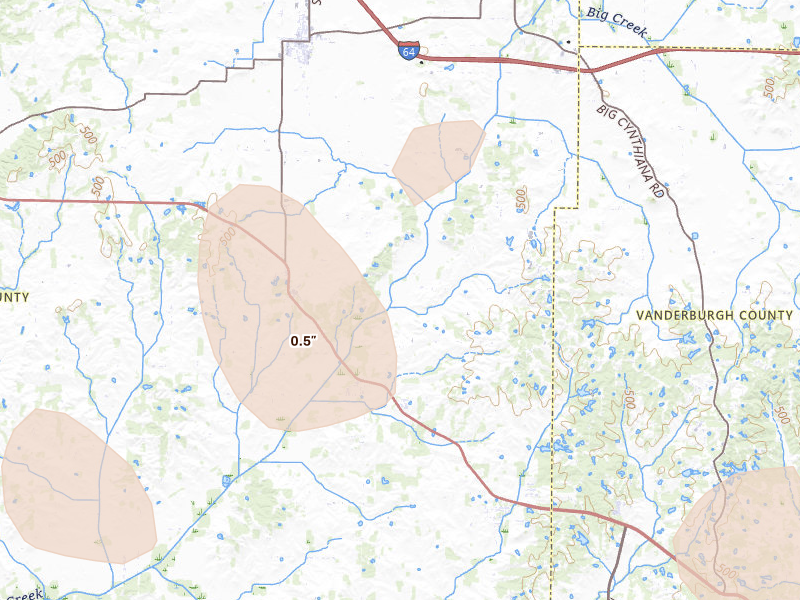 Radar-estimated hail-size map of the storm over Wadesville, IN on Apr 27, 2026