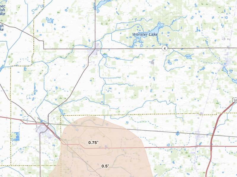 Radar-estimated hail-size map of the storm over Walkerton, IN on Apr 22, 2026