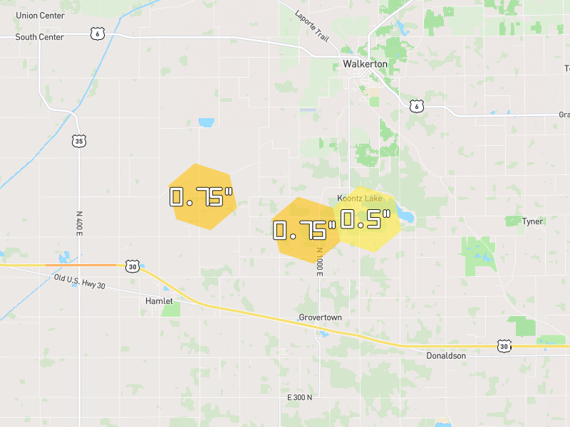 Hail map of Walkerton, IN on Jul 4, 2026, hail up to 0.75"