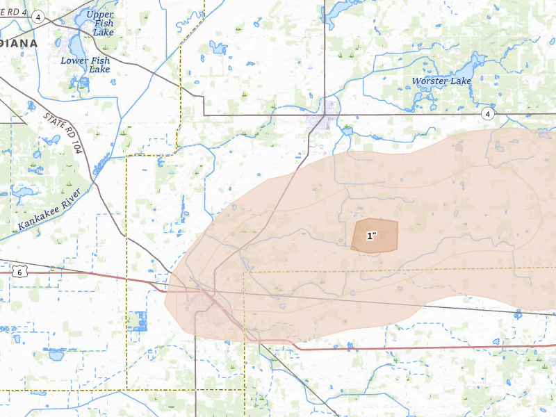 Radar-estimated hail-size map of the storm over Walkerton, IN on Aug 9, 2026
