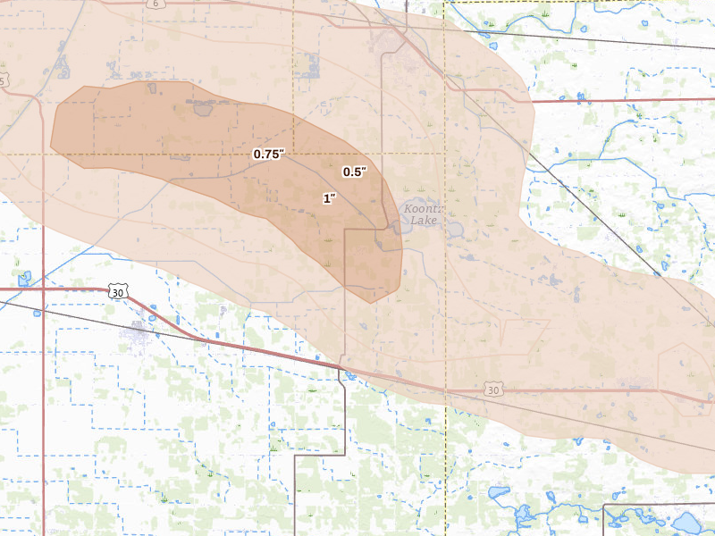 Radar-estimated hail-size map of the storm over Walkerton, IN on Aug 10, 2026
