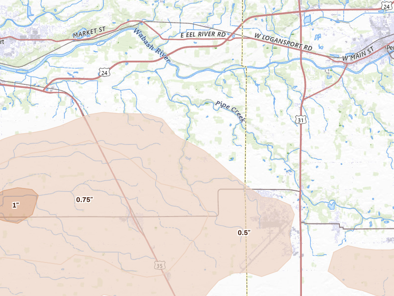 Radar-estimated hail-size map of the storm over Walton, IN on Jun 16, 2026