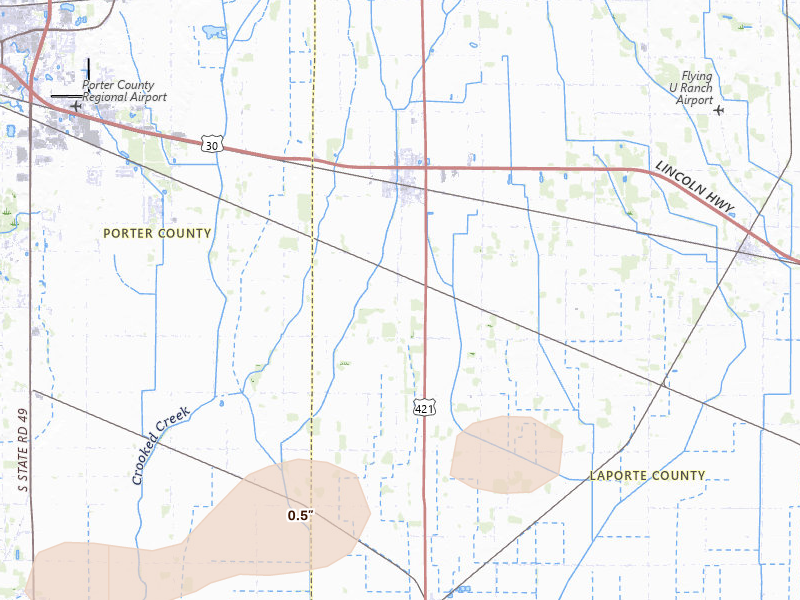 Radar-estimated hail-size map of the storm over Wanatah, IN on Mar 31, 2026