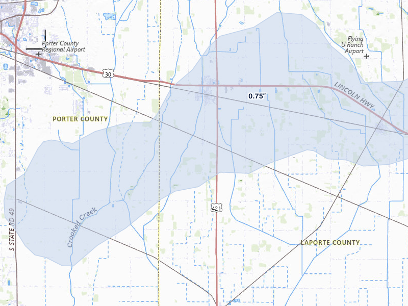 NEXRAD radar-signature map of the hail over Wanatah, IN