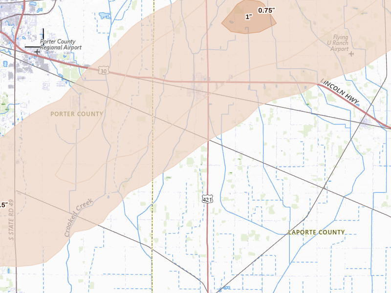 Radar-estimated hail-size map of the storm over Wanatah, IN on Jun 11, 2026
