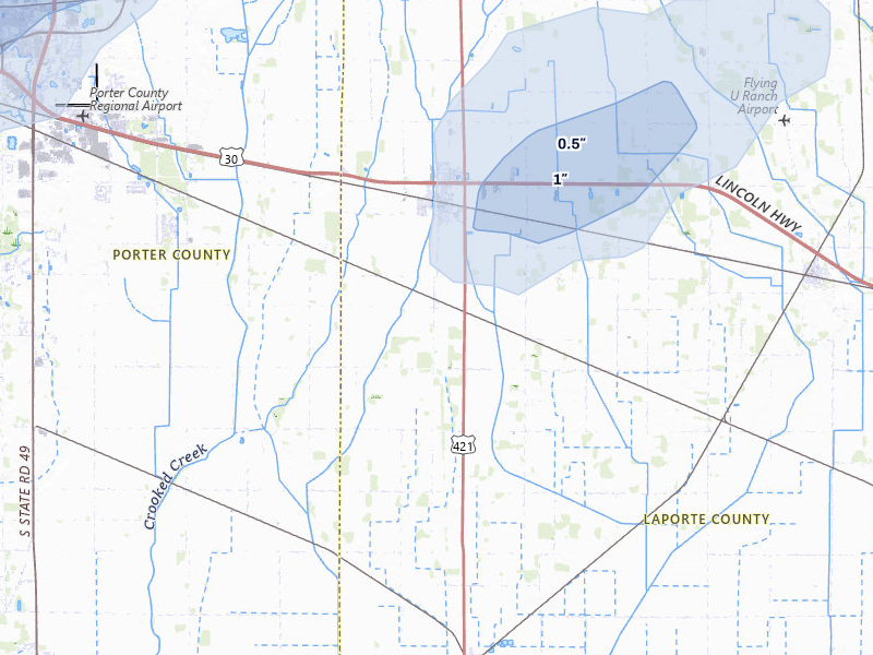 NEXRAD radar-signature map of the hail storm over Wanatah, IN on Jul 3, 2026