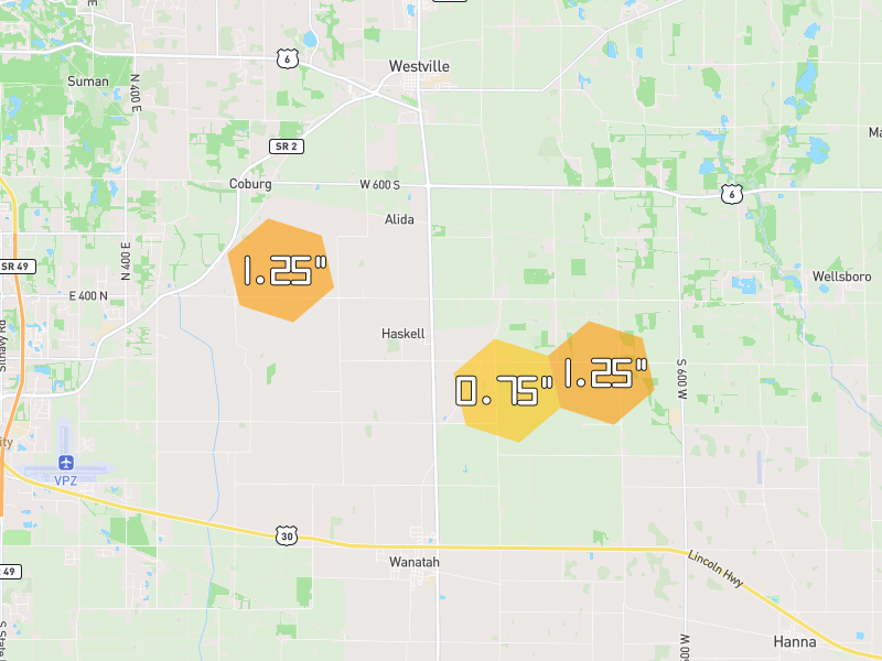 Hail map of Wanatah, IN on Jul 21, 2026, hail up to 1.25"