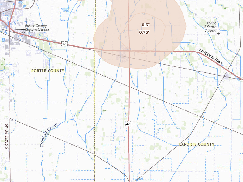 Radar-estimated hail-size map of the storm over Wanatah, IN on Jul 27, 2026