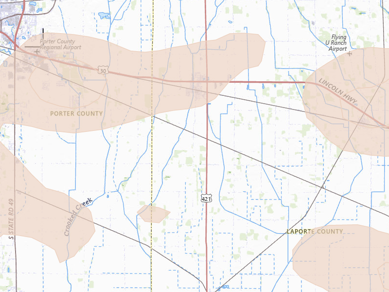 Radar-estimated hail-size map of the storm over Wanatah, IN on Aug 9, 2026