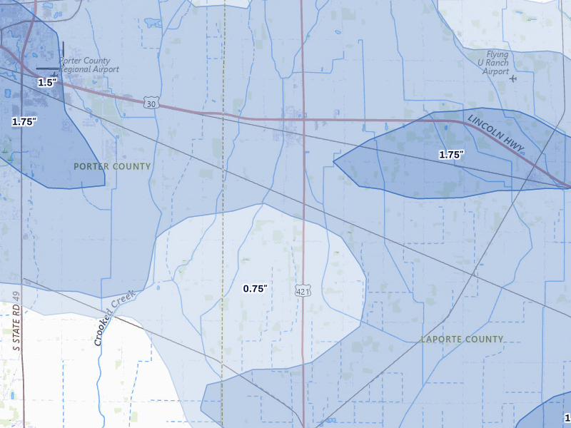 NEXRAD radar-signature map of the hail storm over Wanatah, IN on Aug 9, 2026