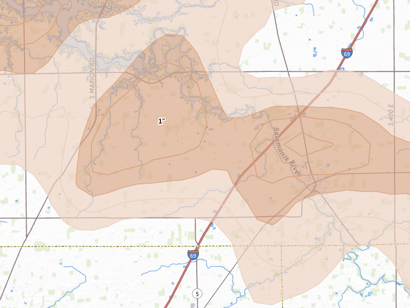 Radar-estimated hail-size map of the storm over Warren, IN on Mar 26, 2026