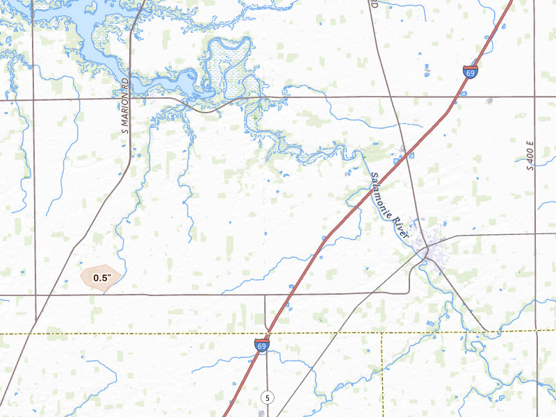 Radar-estimated hail-size map of the storm over Warren, IN on Apr 3, 2026