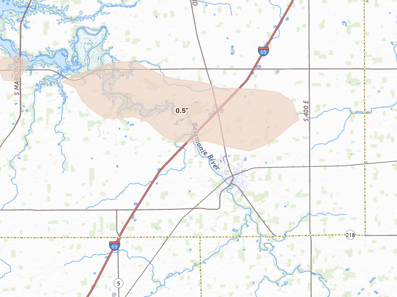 Radar-estimated hail-size map of the storm over Warren, IN on Aug 9, 2026