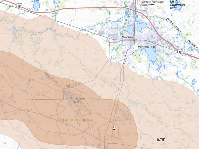 Radar-estimated hail-size map of the storm over Warsaw, IN on Mar 31, 2026