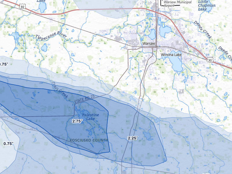 NEXRAD radar-signature map of the hail over Warsaw, IN