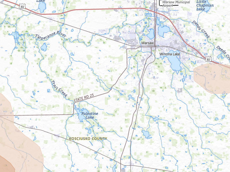 Radar-estimated hail-size map of the storm over Warsaw, IN on Apr 22, 2026