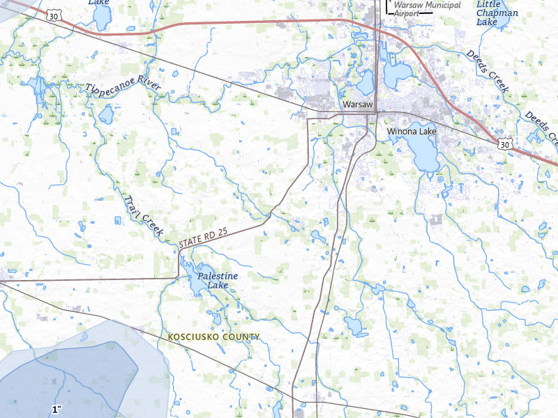 NEXRAD radar-signature map of the hail storm over Warsaw, IN on Jul 3, 2026