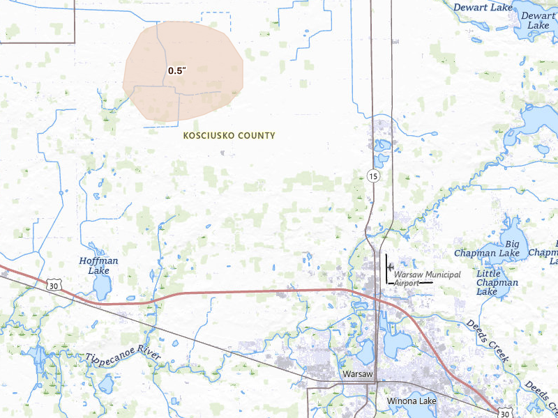 Radar-estimated hail-size map of the storm over Warsaw, IN on Aug 9, 2026