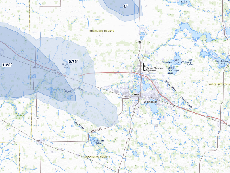 NEXRAD radar-signature map of the hail storm over Warsaw, IN on Aug 9, 2026