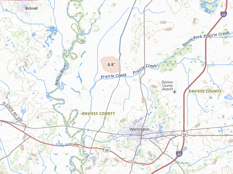 Radar-estimated hail-size map of the storm over Washington, IN on Mar 4, 2026