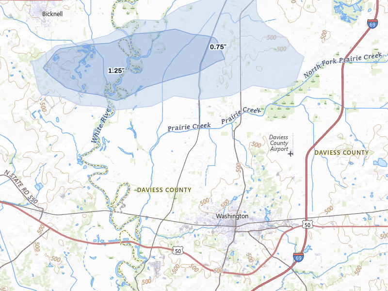 NEXRAD radar-signature map of the hail storm over Washington, IN on Mar 4, 2026