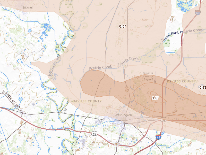 Radar-estimated hail-size map of the storm over Washington, IN on Mar 22, 2026