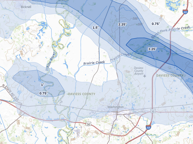 NEXRAD radar-signature map of the hail storm over Washington, IN on Mar 22, 2026