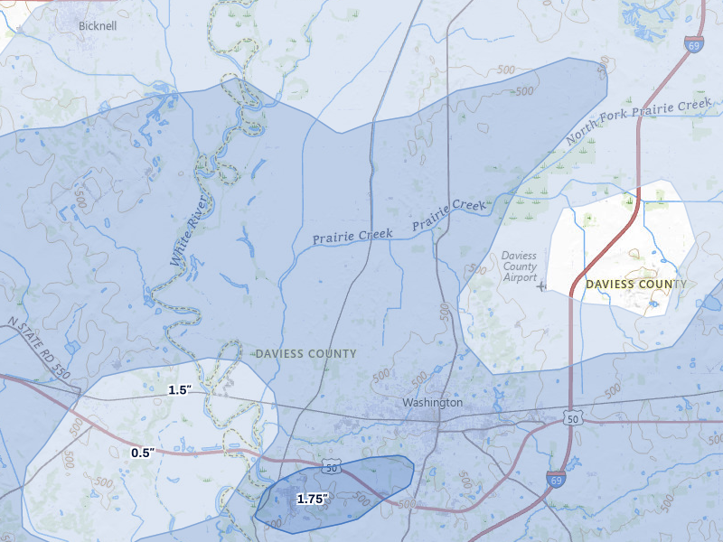NEXRAD radar-signature map of the hail over Washington, IN