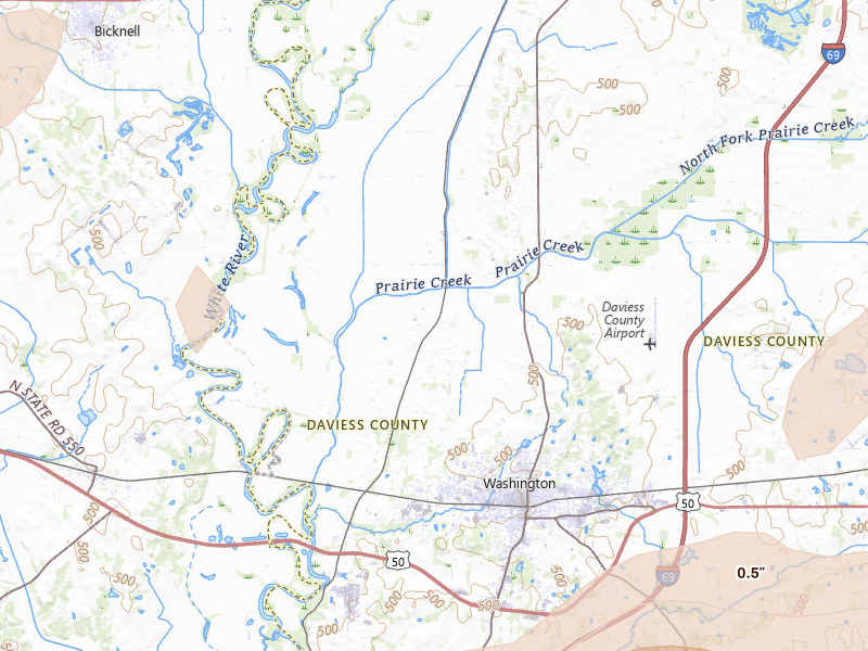 Radar-estimated hail-size map of the storm over Washington, IN on May 16, 2026