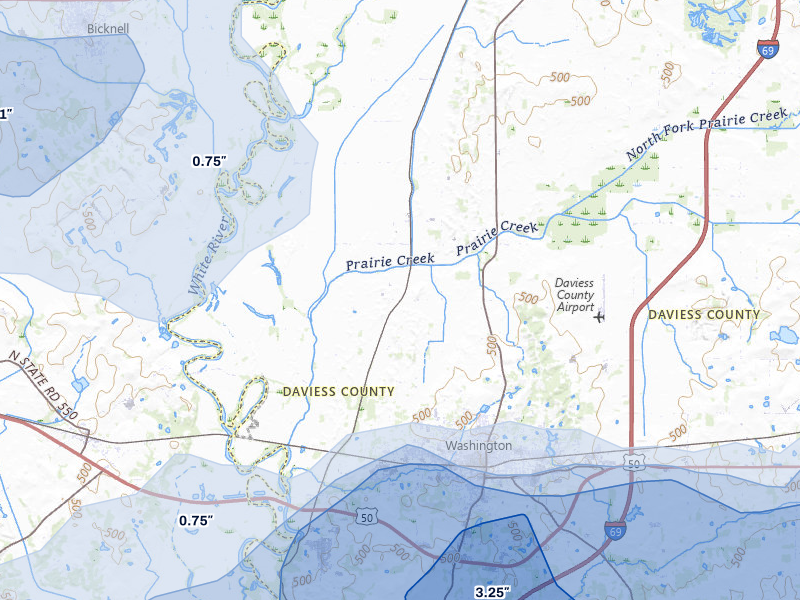 NEXRAD radar-signature map of the hail storm over Washington, IN on May 16, 2026