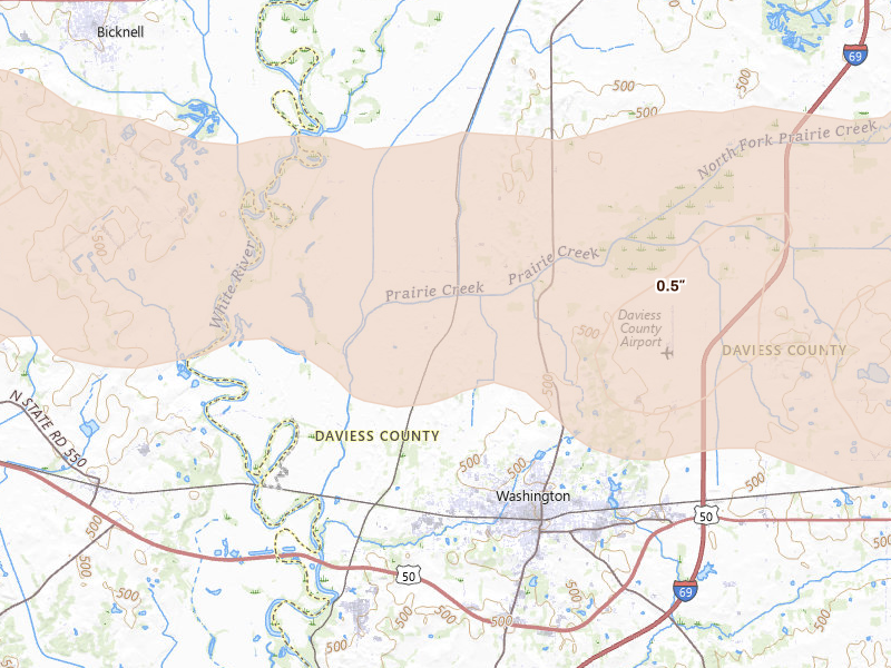 Radar-estimated hail-size map of the storm over Washington, IN on Jun 17, 2026