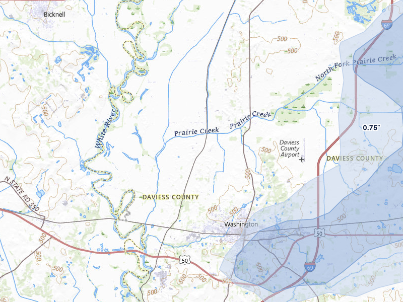 NEXRAD radar-signature map of the hail storm over Washington, IN on Jul 3, 2026