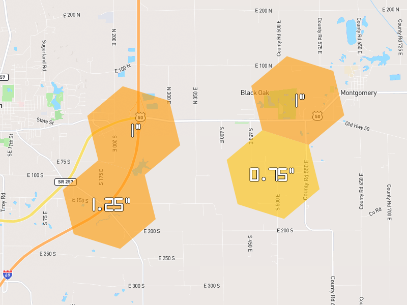 Hail map of Washington, IN on Jul 3, 2026, hail up to 1.25"