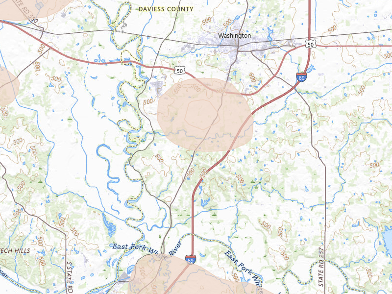 Radar-estimated hail-size map of the storm over Washington, IN on Aug 12, 2026