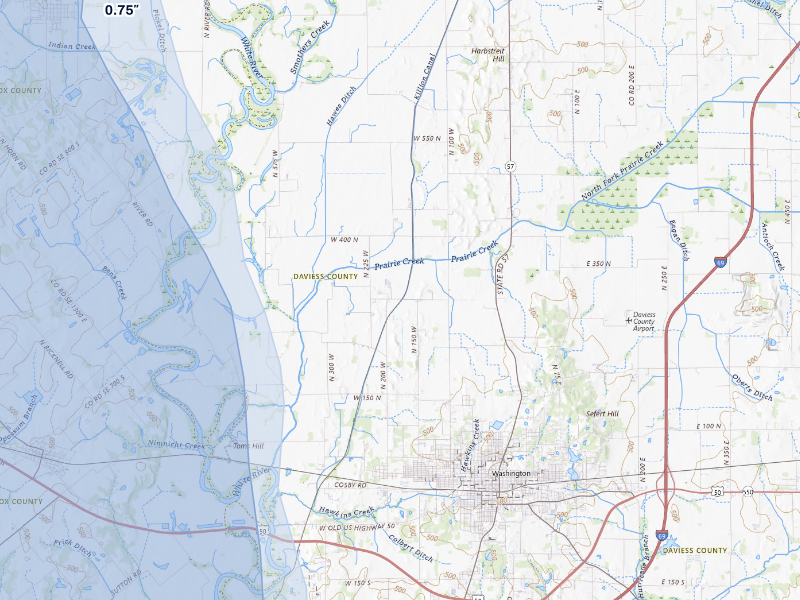 NEXRAD radar-signature map of the hail storm over Washington, IN on Aug 12, 2026