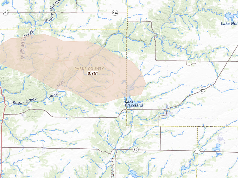 Radar-estimated hail-size map of the storm over Waveland, IN on Jun 16, 2026