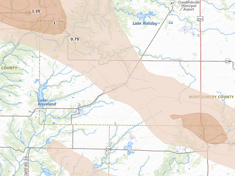 Radar-estimated hail-size map of the storm over Waveland, IN on Aug 11, 2026