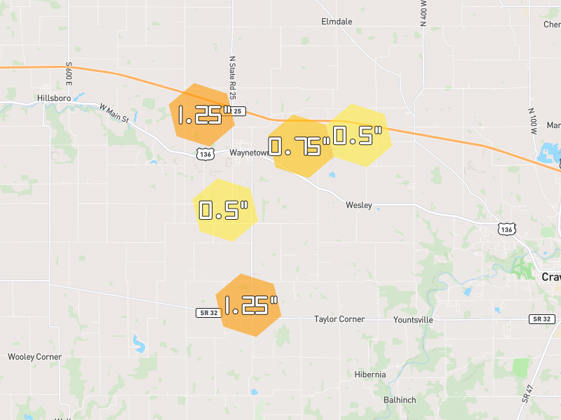 Hail map of Waynetown, IN on Jun 6, 2026, hail up to 1.25"
