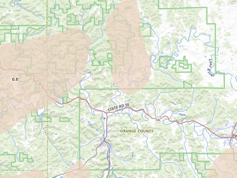 Radar-estimated hail-size map of the storm over West Baden Springs, IN on Apr 27, 2026