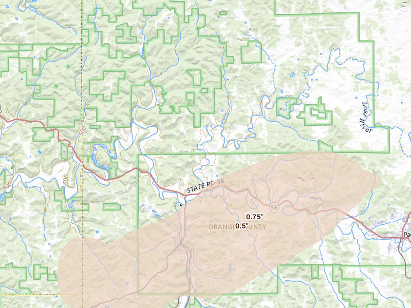 Radar-estimated hail-size map of the storm over West Baden Springs, IN on Aug 7, 2026
