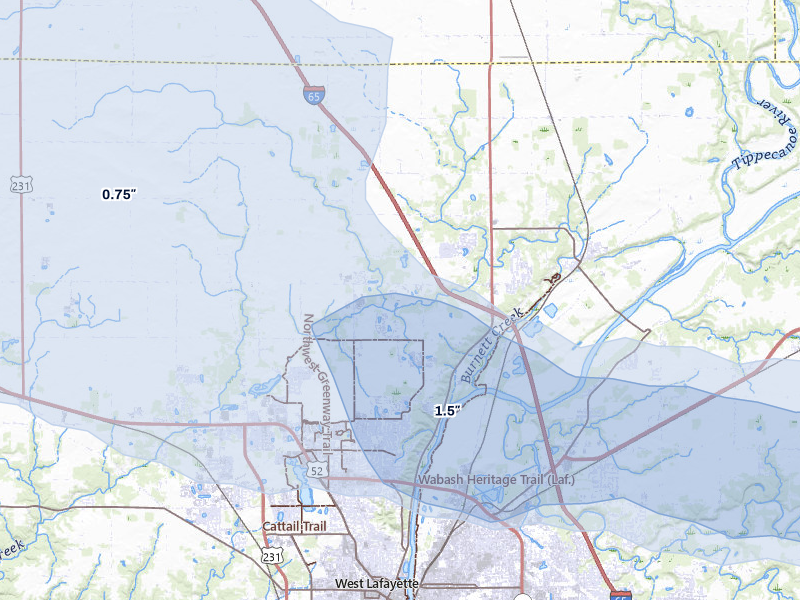 NEXRAD radar-signature map of the hail over West Lafayette, IN